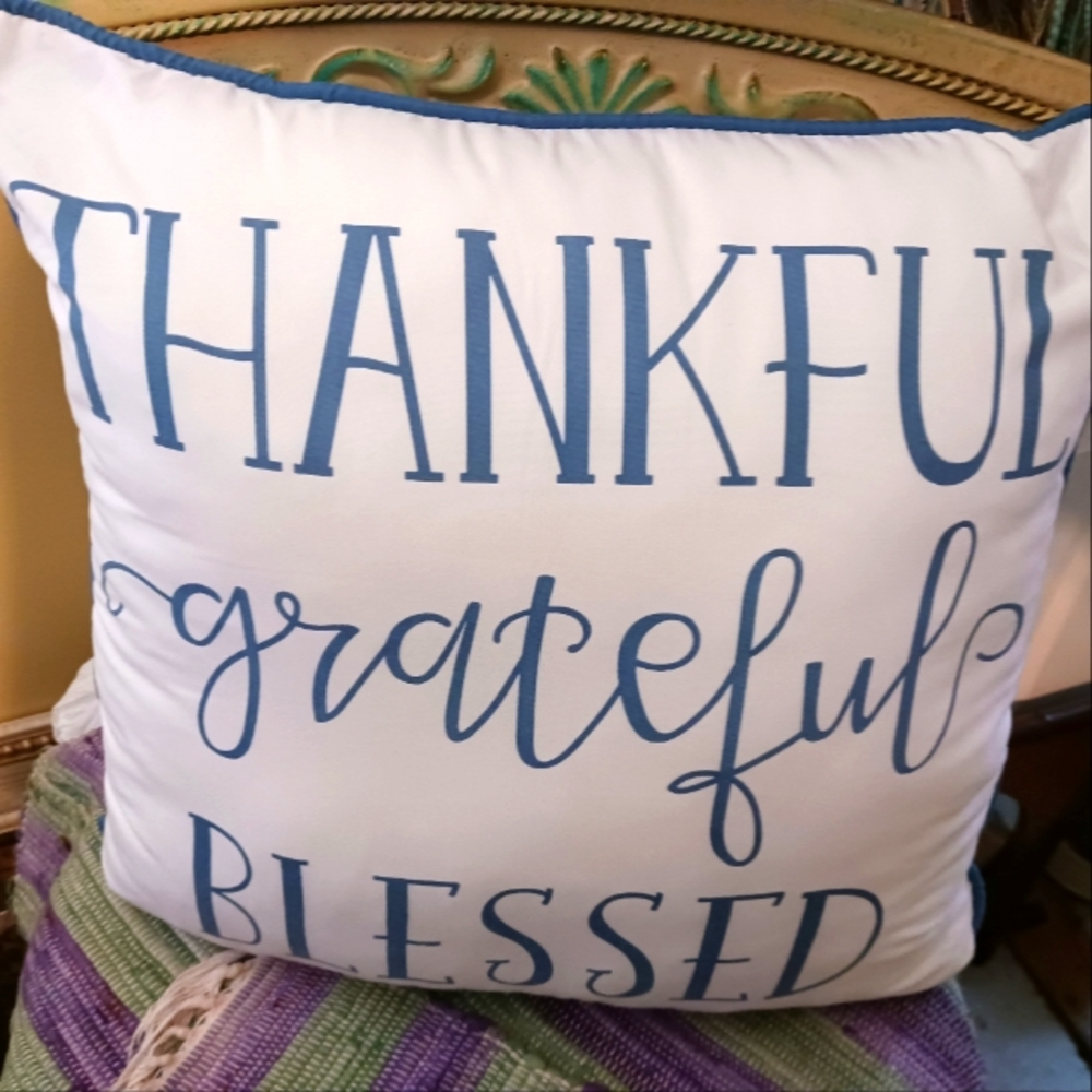 🎋NEW! Shabby Chic Farmhouse Thankful Grateful Blessed LARGE Accent Throw Pillow